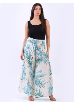 Italian Women Tropical Print Wide Leg Linen Palazzo