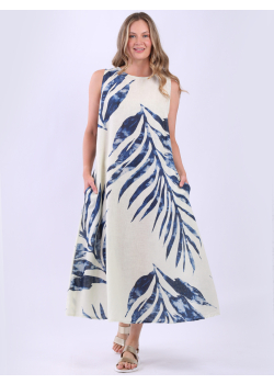 Linen Sleeveless Palm Leaf Print Slouch Tank Dress