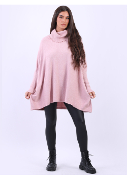 Plus Size Loose Fitting Fringe Cowl Neck Batwing Knitted Poncho