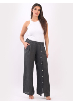Made In Italy Buttons Detail Wide Leg Plain Linen Trouser
