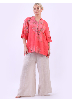 Made In Italy Floral Print Linen Baggy Tunic Top
