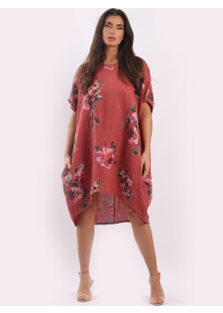 Plus Size Floral Print Linen Lagnelook Dress