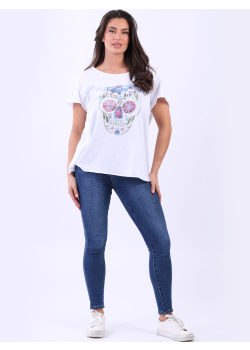 Made In Italy Ladies Cotton Lagenlook Sugar Skull T-Shirt