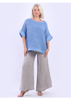 Made In Italy Ladies Vintage Washed Solid Linen Baggy Top