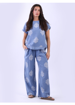 Made In Italy Medallion Print Sequin Linen Crop Top