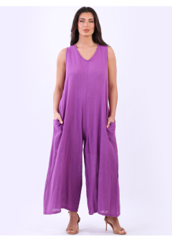 Plus Size Sleeveless V-Neck Plain Cotton Tank Jumpsuit