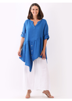 Made In Italy Plain Asymmetric Ruffle Hem Linen Tunic Dress