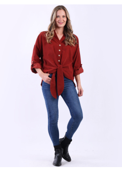 Made In Italy Plain Cotton Corduroy Knotted Hem Lagenlook Top