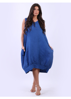 Made In Italy Plain Linen Lagenlook Quirky Sleeveless Dress