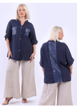 Made In Italy Plain Linen Sequin Lagenlook Button Down Blouse