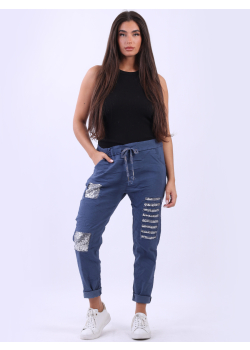 Made In Italy Plain Sequin Patches Ripped Magic Pant