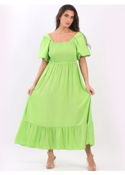 Made In Italy Plain Shirred Smocked Puff Sleeves Maxi Sundress