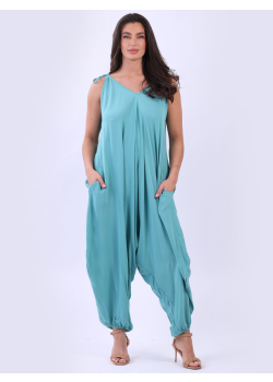 Made In Italy Plain V-Neck Pleated Lagenlook Balloon Jumpsuit
