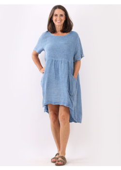 Made In Italy Plain Vintage Washed Linen Lagenlook Swing Midi Dress