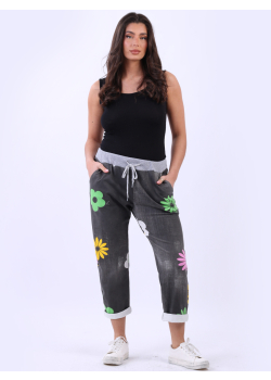 Made In Italy Relaxed Fit Ladies Cotton Multi Flower Joggers