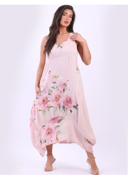 Made In Italy Sleeveless Floral Print Linen Lagenlook Balloon Sundress