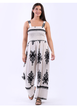 Made In Italy Smocked Wide Leg Printed Strappy Jumpsuit