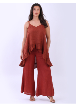 Made In Italy Solid Linen Ruffle Dip Hem Tunic Cami Top