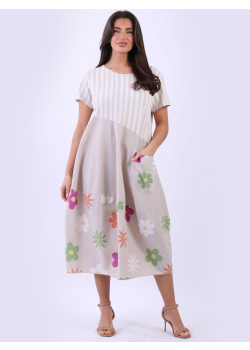 Plus Size Stripy Floral Print Cotton Lagenlook Slouchy Dress