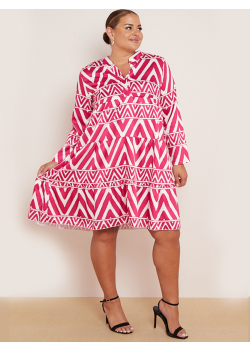Made In Italy Tribe Print Band Collar Lagenlook Tiered Midi Dress