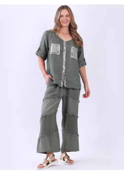 Made In Italy Women Sequin Lagenlook Linen Chunky Top