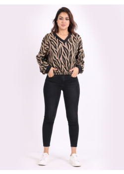 Made In Italy Women V-Neck Knitted Jacquard Pegged Pullover