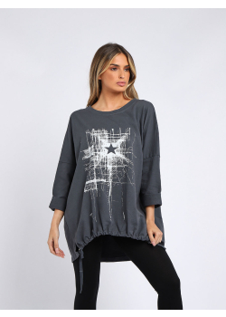 Plus Size Abstract Star Print Drawstring Dipped Hem Cotton Lagenlook Top
