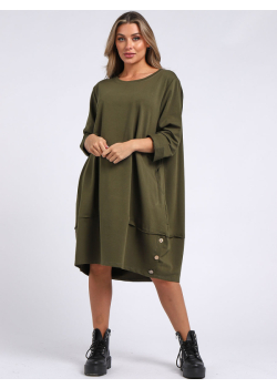 Plus Size Plain Buttoned Hem Cotton Lagenlook Slouch Dress