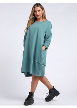 Plus Size Plain Buttoned Hem Cotton Lagenlook Slouch Dress
