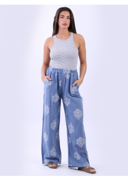 Medallion Print Wide Leg Linen Trouser
