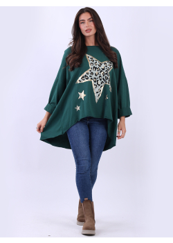 Oversized Foil Leopard Star Print Cotton Lagenlook Top