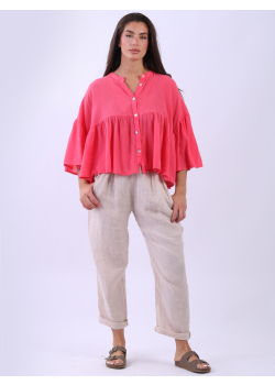 Plain Cotton Collarless Button Down Peplum Top