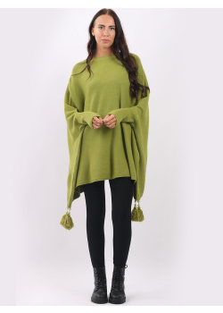 Plus Size Plain Batwing Sleeves Tassels Tunic Poncho