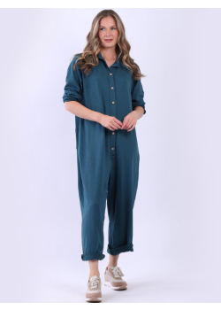 Plus Size Button Down High Waist Wide Leg Cotton Jumpsuit