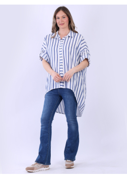 Plus Size Dipped Hem Stripy Cotton Shirt