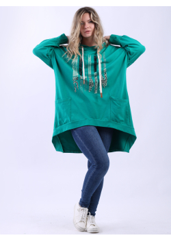 Plus Size Foil Striped Cotton Lagenlook Hi-Lo Hooded Jumper