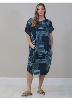 Plus Size Graphic Stripes Lagenlook Linen Dress