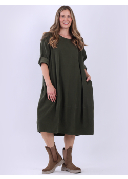 Plus Size Tabbed Sleeves Cotton Corduroy Dress
