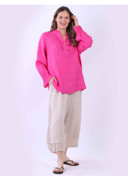 Ruffle Trim Solid Linen Lagenlook Top
