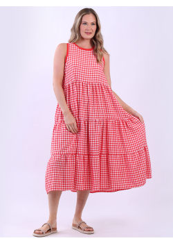 Sleeveless Cotton Tiered Gingham Tank Dress