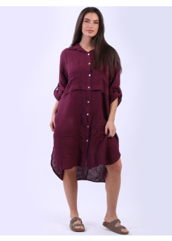 Solid Linen Button Front Women Shirt Dress