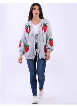 Strawberry Print Triple Tie Knitted Wool Cardigan