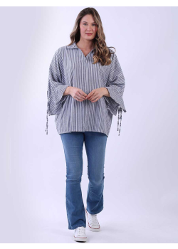 Stripy Batwing Bell Arms Ladies Cotton Shirt 