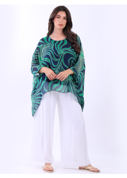 Swirl Print Batwing Silk Tunic Top
