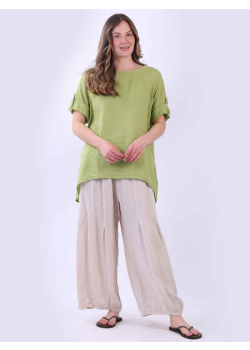 Tabbed Sleeves Solid Linen Baggy Top