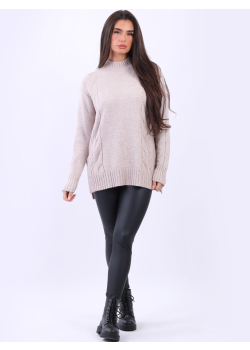 Trendy Funnel Neck Plain Lagenlook Cable Knit Cozy Jumper