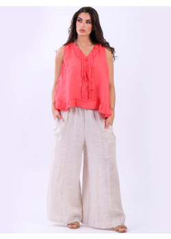 V-Neck Ruffle Trim Solid Linen Tank Top