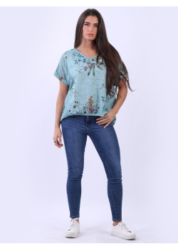 Italian Vintage Washed Floral Print Linen Lagenlook Crop Top