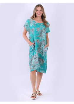 Italian Floral Print Side Ribbed Linen Lagenlook Dress
