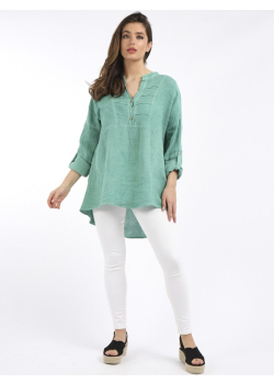 Made In Italy Plain Pleated Front Dip Hem Linen Tunic Top